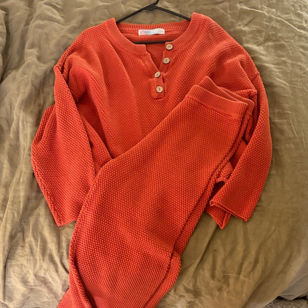 Free People Orange Waffle Henley Pajama Set